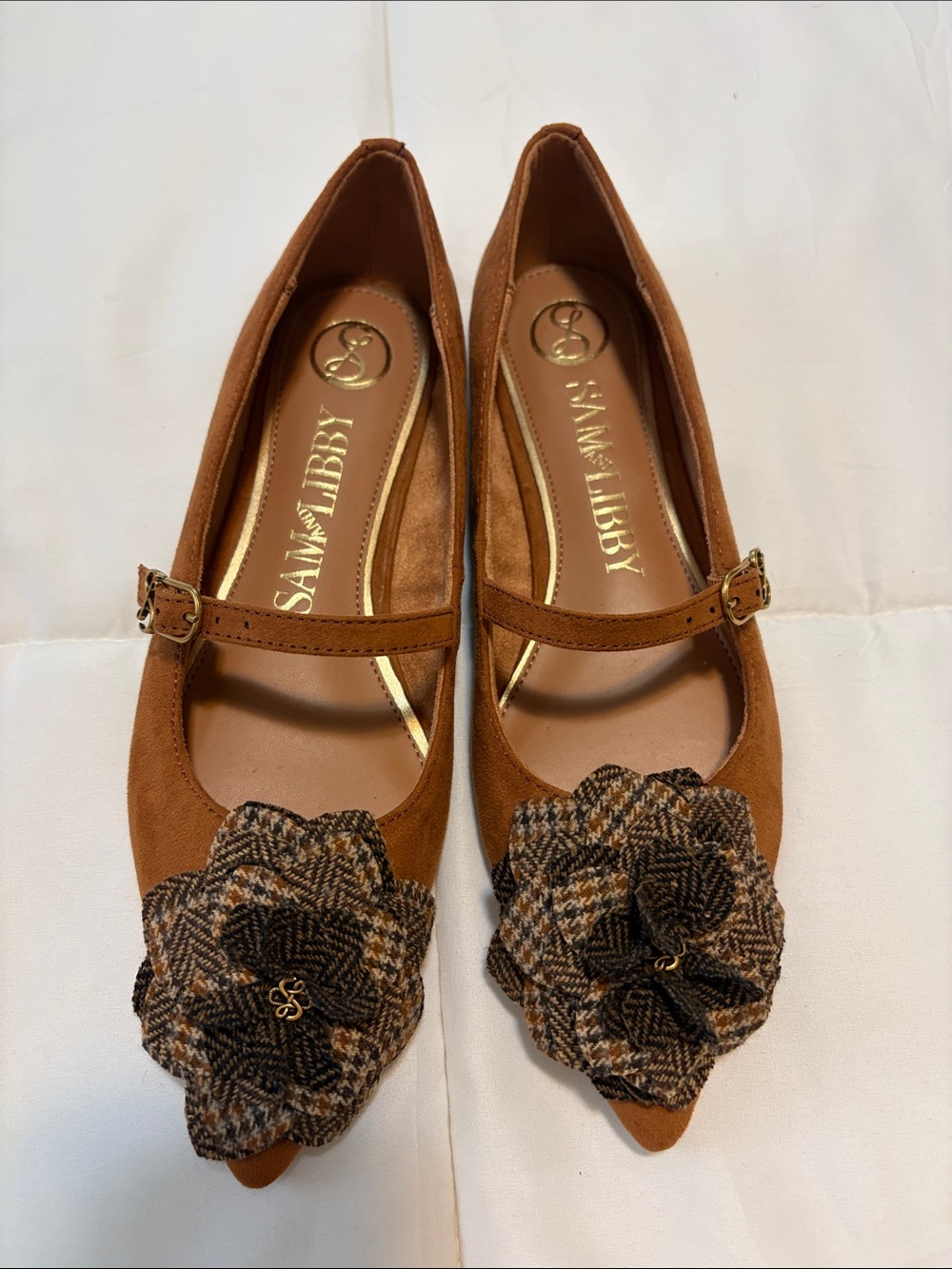 Sam & Libby Tan Suede Mary Jane Flats with Plaid Flower